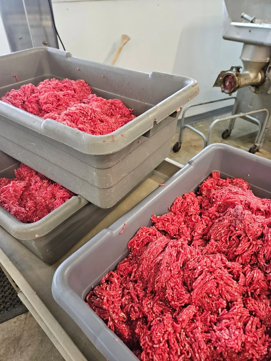 Freshly ground beef from the commercial grinder at H&M Custom Meat in Creston, WA